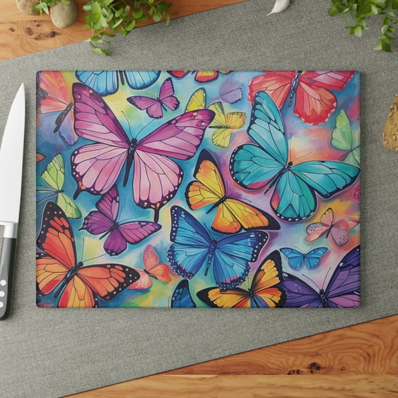 Whimsical Glass Cutting Board with Colorful Watercolor Butterflies