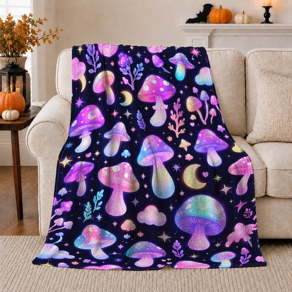 Whimsical Glowing Mushrooms Fantasy Night Sky, Mystical Fantasy Scene, Warm Flannel Blanket for Sunroom and Reading Nook, Garden Lovers Housewarming Gift, Fantasy Home Decor