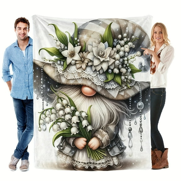 Whimsical Gnome & Lily of the Valley Flannel Blanket Soft Warm Allergy-Free Machine Washable Charming Decorative Throw for Sofa Bed Car Camping Office Hypoallergenic All-Season Comfort