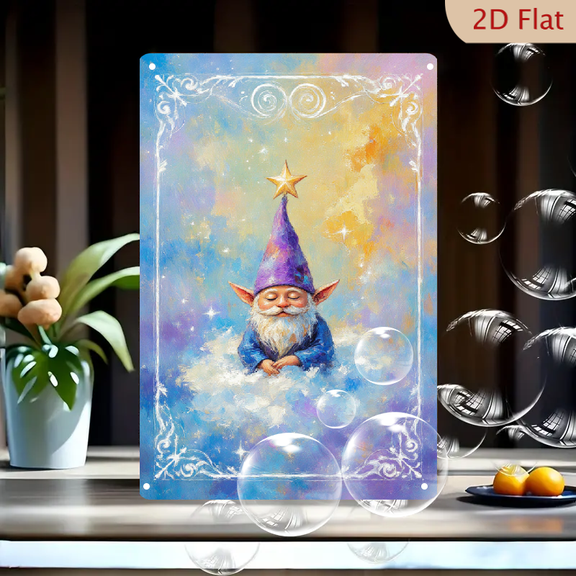 Whimsical Gnome Meditating on Cloud, Fantasy Cosmic Wall Art Painting, 8x12 Inch Metal Tin Sign, Decorative Celestial Elf with Star Hat for Bedroom Living Room