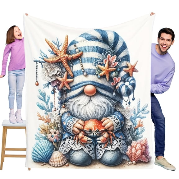 Whimsical Gnome Ocean Shell Print Flannel Blanket Soft Warm & Skin-Friendly Ideal for Sofa Bed Car Camping Office Home Decor All-Season Versatile Gift Knit Fabric Wearable Blanket