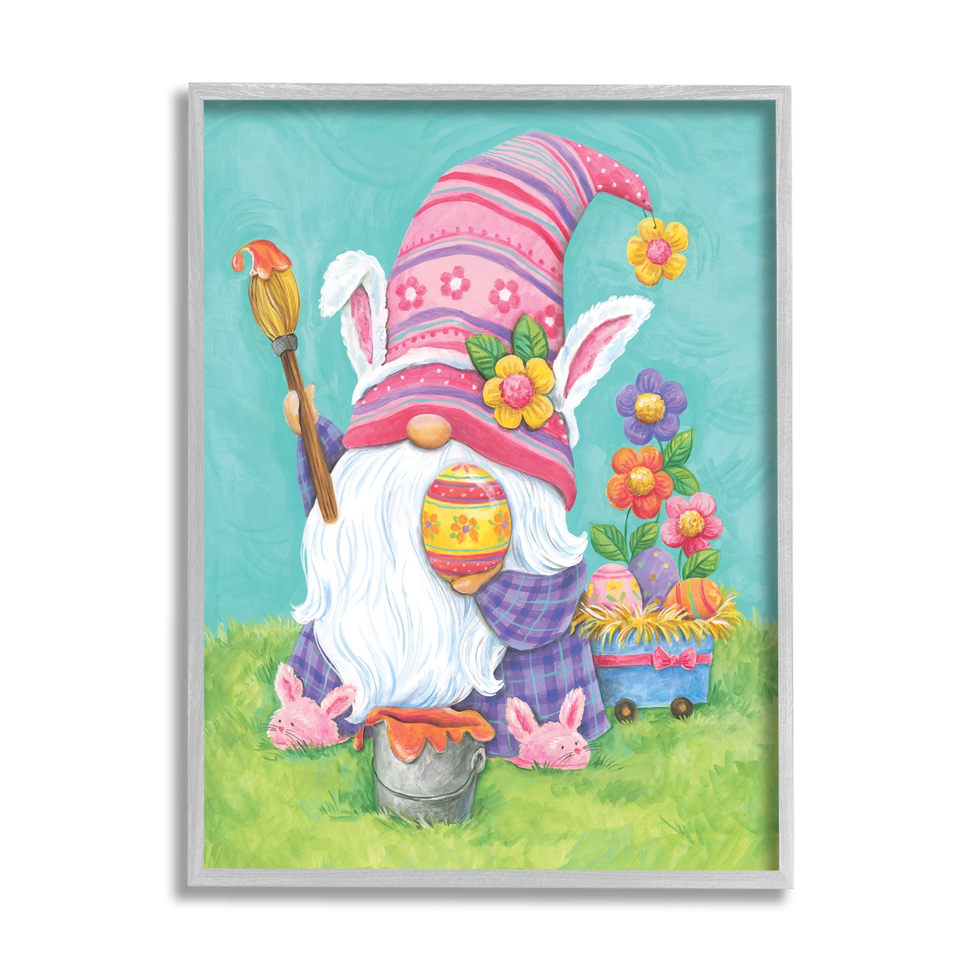 Whimsical Gnome Painting Easter Eggs Festive Flowers Fairy Tales & Fantasy Graphic Art Framed Art Print Wall Art