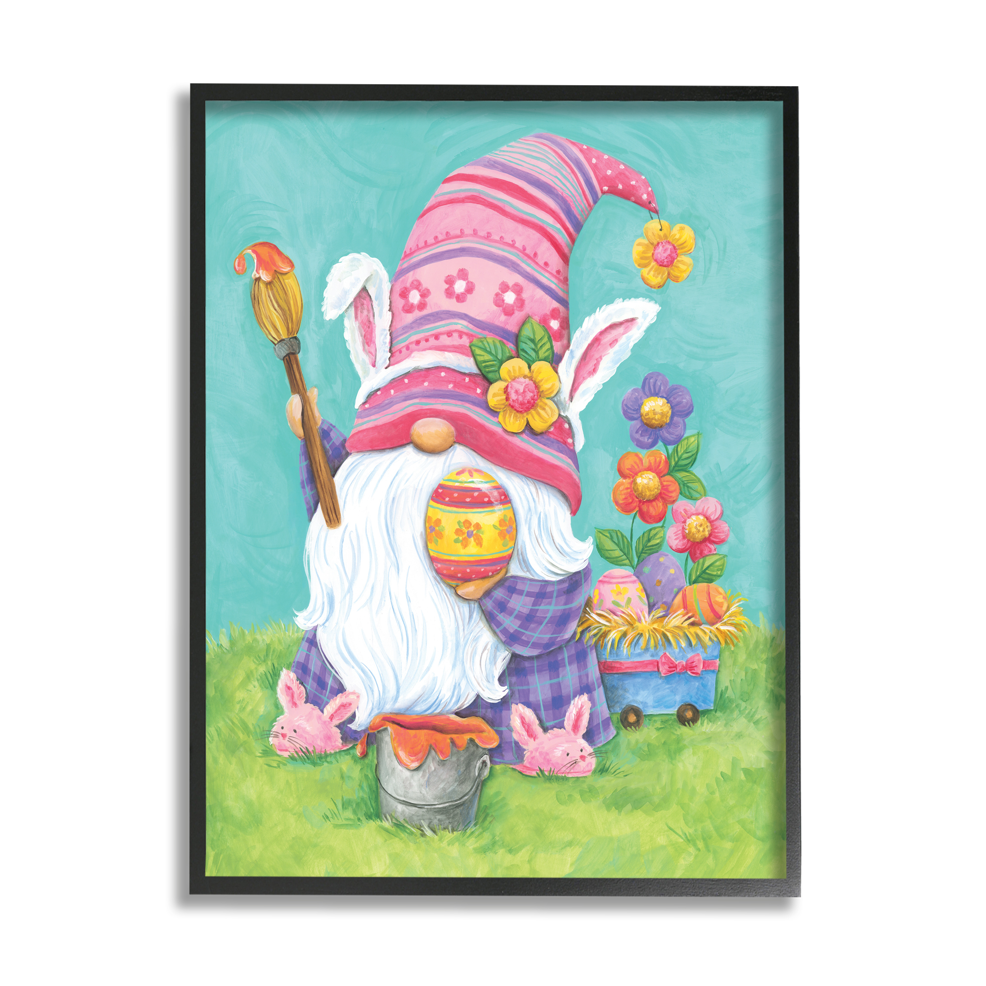 Whimsical Gnome Painting Easter Eggs Festive Flowers Fairy Tales & Fantasy Graphic Art Framed Art Print Wall Art
