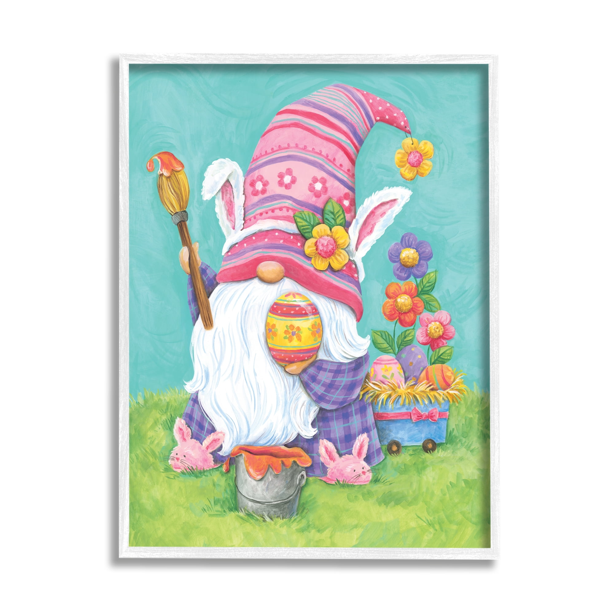 Whimsical Gnome Painting Easter Eggs Festive Flowers Fairy Tales & Fantasy Graphic Art Framed Art Print Wall Art