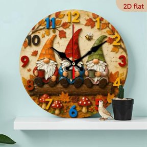 Whimsical Gnome and Bee Wooden Wall Clock - 10 Inch, 2D Flat Art, Battery Operated, Ideal for Home, Office, or Garden Decor