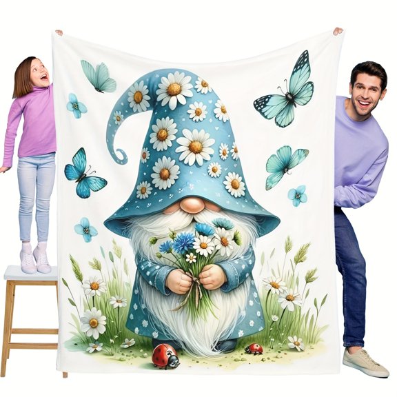 Whimsical Gnome with Daisies and Butterflies Flannel Blanket Soft Warm Cozy Throw for Sofa Bed Car Camping Office Home DecorMixed Colors Carto