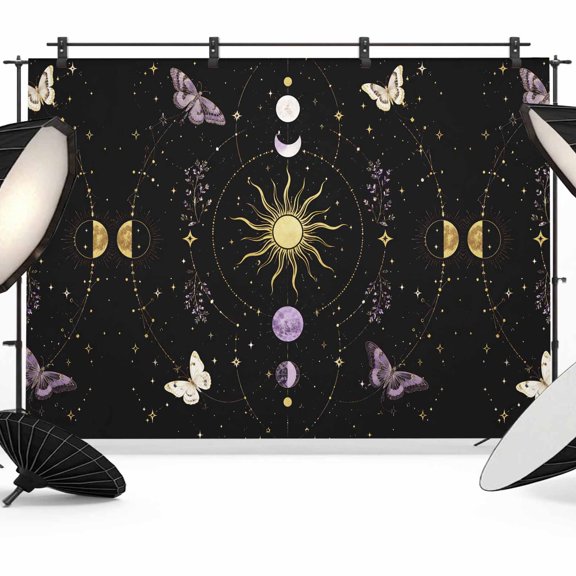 Whimsical Gold Moon Backdrops for Photography, Mysterious Dark Cosmic Crystal Purple Moths Fabric Photo Background Sturdy Studio Props for Photo Studio, Video Recording, Booth & Photoshoot 7x5ft