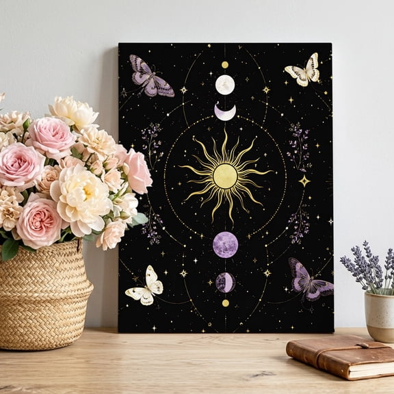 Whimsical Gold Moon Canvas Wall Art for Living Room, Mysterious Dark Cosmic Crystal Purple Moths Poster Print Painting for Bedroom Office Home Decoration Wall Pictures Prepare To Hang 10"x10"