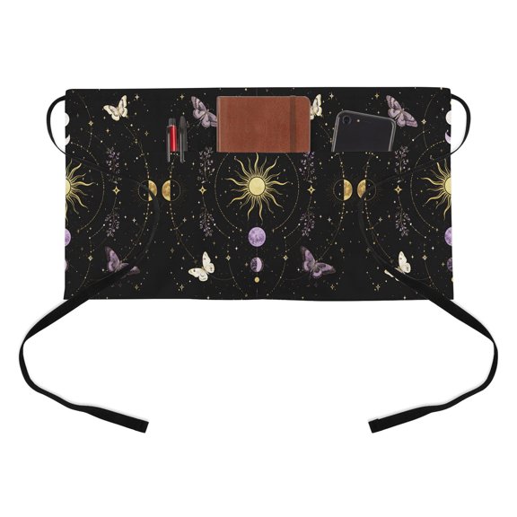 Whimsical Gold Moon Kitchen Restaurant Half Waist Apron, Mysterious Dark Cosmic Crystal Purple Moths Server Short Apron with 3 Pockets Waterproof Oil Waist Aprons for Women Waitress Waiter