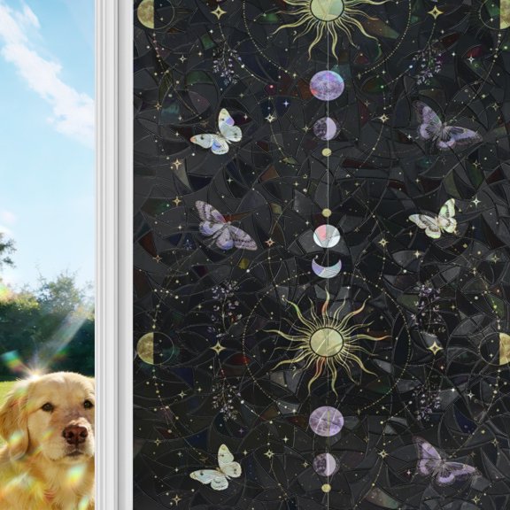 Whimsical Gold Moon Rainbow Window Privacy Film, Mysterious Dark Cosmic Crystal Purple Moths Stained Glass Window Film, Sun Blocking Glass Clings Non Adhesive Door Stickers 17.7 x 39.3 Inches