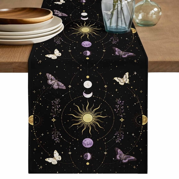 Whimsical Gold Moon Table Runner, Mysterious Dark Cosmic Crystal Purple Moths Cotton Linen Table Cloth, Tablerunner for Kitchen Dining Party Wedding Home Decor 13x36 Inch