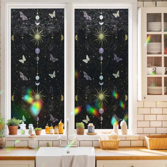 Whimsical Gold Moon Window Privacy Film Mysterious Dark Cosmic Crystal Purple Moths Static Cling Stained Glass Window Film Non-Adhesive Decorative Decals Rainbow Sticker 17.7"X39.3"