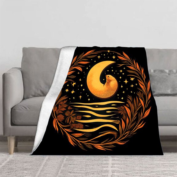 Whimsical Golden Animal Flannel Blanket - Cozy Soft Design with Floral Patterns & Celestial Stars for Sofa Travel Bed Chair