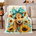 thumbnail image 1 of Whimsical Golden-Brown Calf Sunflowers Teal Bow, Playful Botanical Garden Scene, Warm Flannel Blanket for Ranch House and Living Room, Animal Lovers Valentine's Day Gift, Artistic Home Decor, 1 of 9