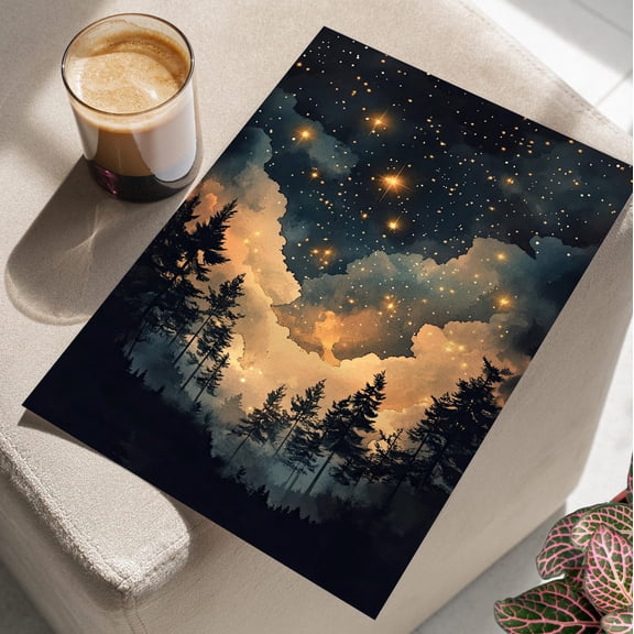 Whimsical Golden Star Night Wall Art Magical Decor, Unframed Canvas Size 16x24