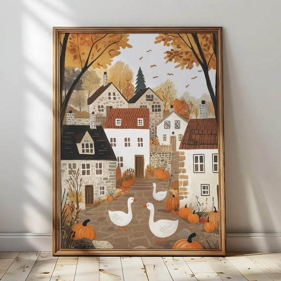 Whimsical Goose Autumn Town Print, Cozy Farmhouse Fall Decor Unframed Paper Print
