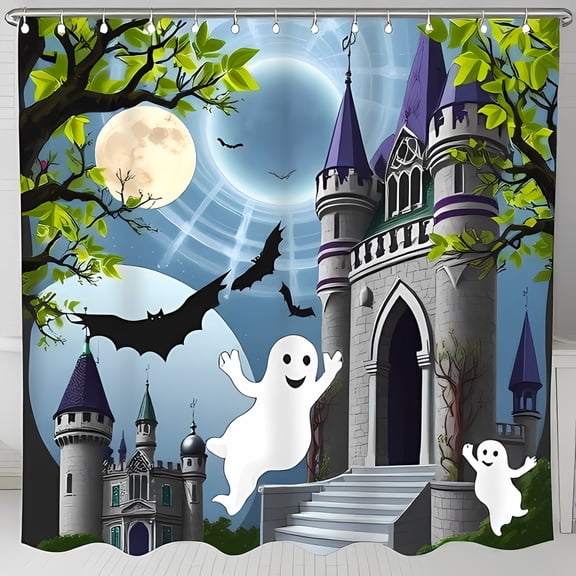 Whimsical Gothic Castle Halloween Shower Curtain with Friendly Ghosts & Bats - Enchanting Decor for a Spooky Bathroom