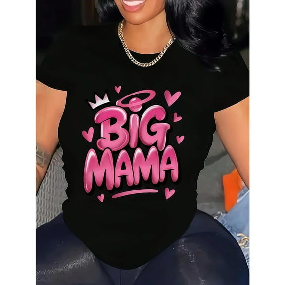 Whimsical Graphic Tee,Tops Has "BIG MAMA" Text with Heart, Crown & Halo Designs, Round Neck Regular Fit T - shirts, Size(S - 5XL)