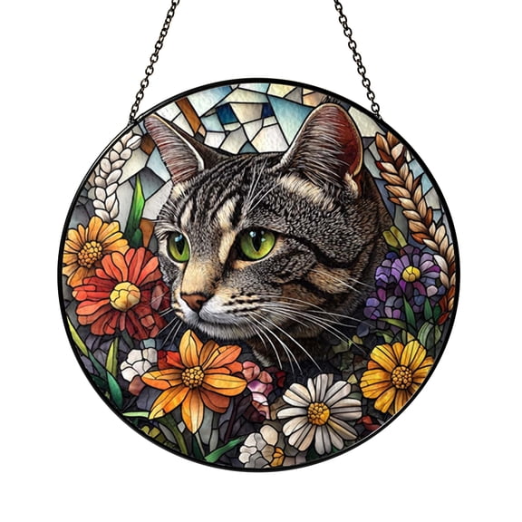 Whimsical Gray Cat Stained Glass Suncatcher, Window Decor with Wildflowers, Nature Inspired Home Accent, Ideal Gift for Cat Lovers