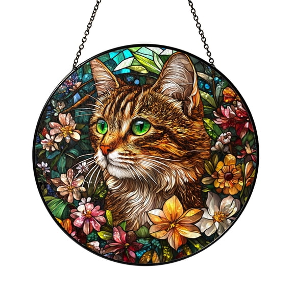 Whimsical Gray Cat with Wildflowers Stained Glass Window Panel, Vibrant Animal Art, Beautiful Decor for Cat Enthusiasts