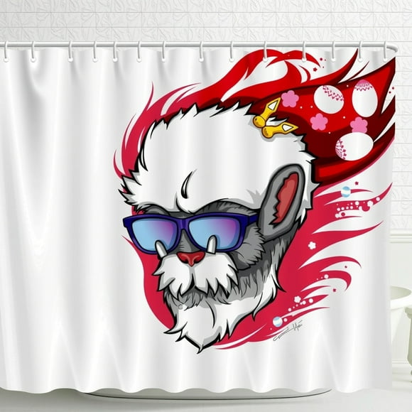 Whimsical Gray Creature Shower Curtain with Red Bandana & Sunglasses
