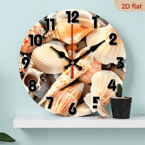 2D Flat 1pc 10Inch Wooden Beach SEA Shells Beach Clock Large Wall Clock Decorative Round Ocean Clock Home Decor Novelty Clock Ocean Shells