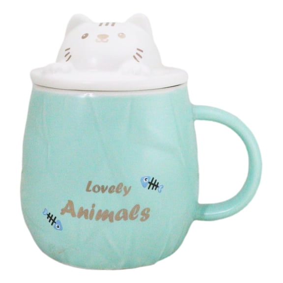 Whimsical Green Chubby Feline Kitty Cat Cup Mug With Lid And Stirring Spoon