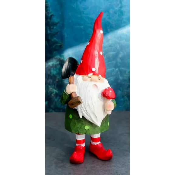Whimsical Green Thumb Gnome Planting Toadstool Mushroom with Shovel Figurine