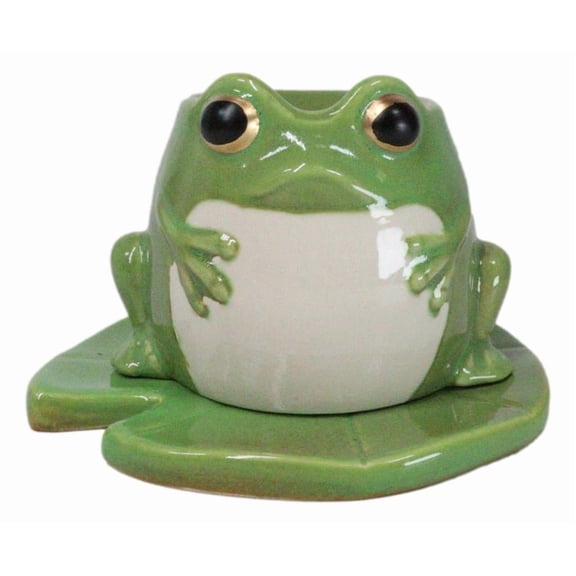 Whimsical Green Toad Frog On Lily Pad Ceramic Essential Oil Warmer Candle Holder