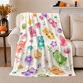 thumbnail image 1 of Whimsical Gummy Bear Botanical decorative motif, Playful Woodland Scene, Warm Flannel Blanket for Cabin and Lodge, Wildlife Lovers Valentine's Day Gift, Botanical Home Decor, 1 of 9