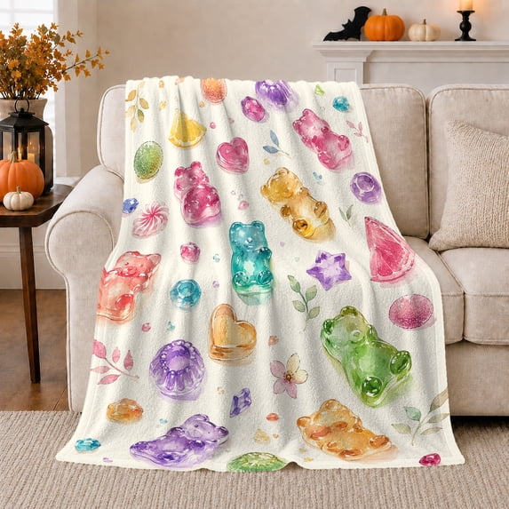 Whimsical Gummy Bear Botanical decorative motif, Playful Woodland Scene, Warm Flannel Blanket for Cabin and Lodge, Wildlife Lovers Valentine's Day Gift, Botanical Home Decor
