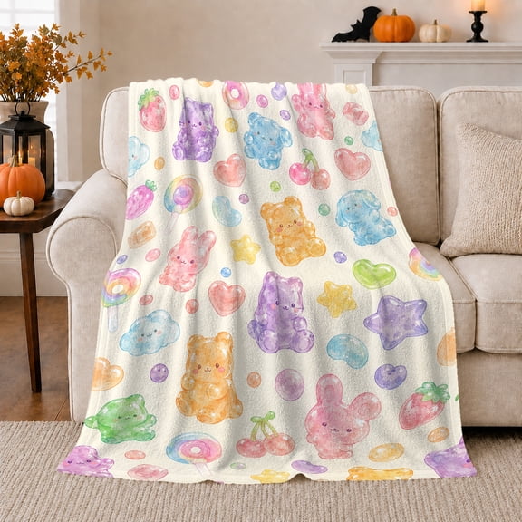Whimsical Gummy Bear Watercolor, Playful Woodland Scene, Warm Flannel Blanket for Cabin and Lodge with Detailed Artwork, Wildlife Lovers Valentine's Day Gift, Playful Home Decor