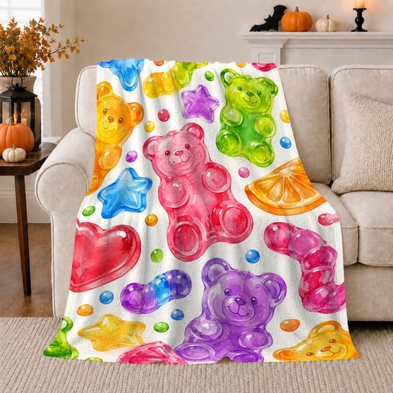 Whimsical Gummy Bear decorative motif Pattern, Playful Woodland Scene, Warm Flannel Blanket for Cabin and Lodge, Wildlife Lovers Valentine's Day Gift, Celestial Home Decor