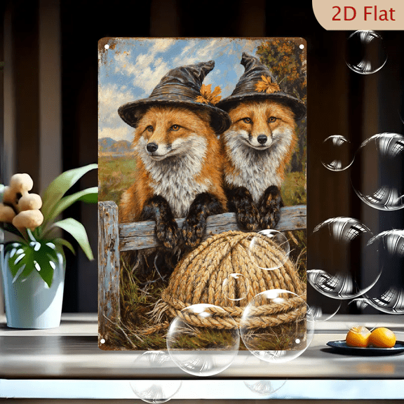 Whimsical Halloween Art: Two Red Foxes in Witch Costumes on Wooden Fence, 8x12 Inch Metal Wall Decor, Vintage Folk-Autumn Harvest Scene with Straw Hat for Home Office Living Room