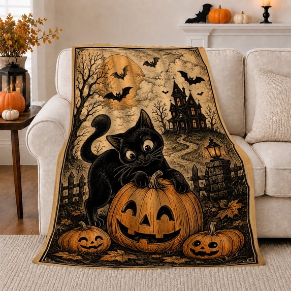 Whimsical Halloween Black Cat Pumpkins Vintage Woodcut, Festive Pet Portrait Pattern, Warm Flannel Blanket for Living Room and Bedroom, Cat Lovers Halloween Gift, Pet Lover Home Decor