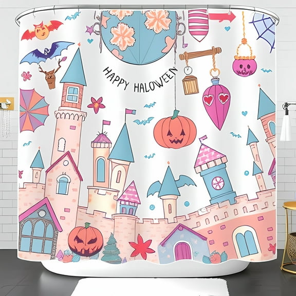 Whimsical Halloween Castle Shower Curtain - Pastel Towers Spooky Decor Stars & 'Happy Halloween' Design - Perfect for Festive Bathroom Decor