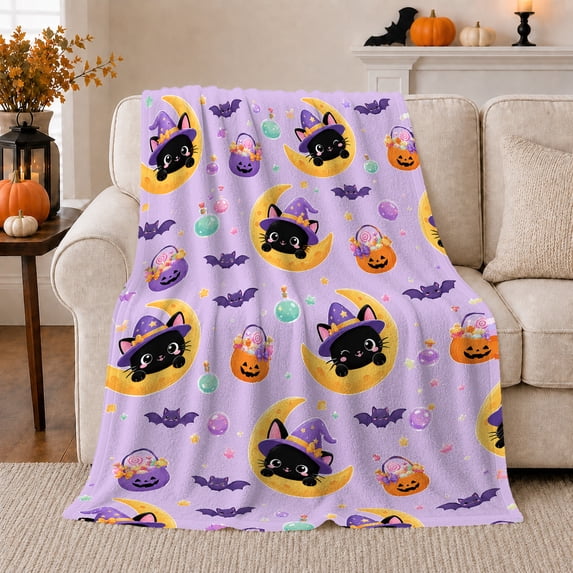 Whimsical Halloween Cats Bats Candy Crescent Moons Kids, Playful Pet Portrait Pattern, Warm Flannel Blanket for Living Room and Bedroom, Cat Lovers Halloween Gift, Pet Lover Home Decor