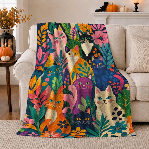 Whimsical Halloween Cats Botanical Pattern, Playful Pet Portrait Pattern, Warm Flannel Blanket for Living Room and Bedroom, Cat Lovers Halloween Gift, Pet Lover Home Decor