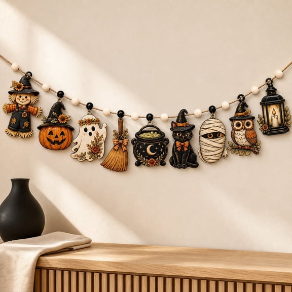 Whimsical Halloween Character Wooden Garland, Scarecrow Pumpkin Ghost Witch Cat Mummy Owl and Lantern, Cozy Fall Window Decor, Wall Hanging