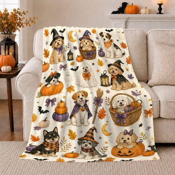 Whimsical Halloween Costumed Dogs Pumpkins Pattern, Playful Pet Portrait Pattern, Warm Flannel Blanket for Living Room and Bedroom, Dog Lovers Halloween Gift, Pet Lover Home Decor