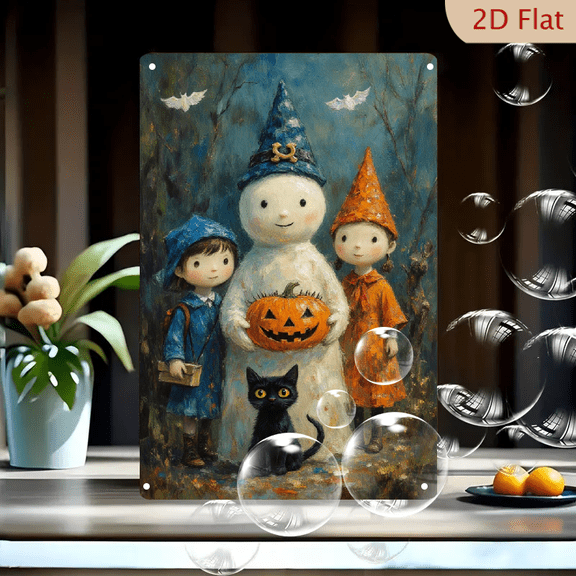 Whimsical Halloween Forest Scene with Snowman and Girls, 8x12 Inch Metal Wall Art Print, Charming Autumn Magic with Blue Sky, Bats, Jack-o'-Lantern and Black Cat for Home Decor