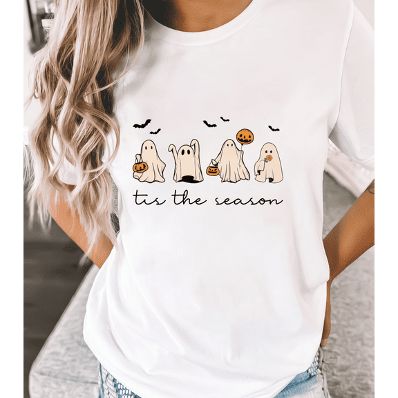 Whimsical Halloween Ghost Print Cute Ghosts with Pumpkins, Bats & ‘Tis the Season’ Text – A Charming & Festive Tee Design for Spooky Days T Shirts