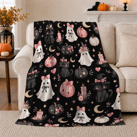 Whimsical Halloween Ghost Pumpkin Cat Print, Festive Pet Portrait Pattern, Warm Flannel Blanket for Living Room and Bedroom, Cat Lovers Halloween Gift, Pet Lover Home Decor