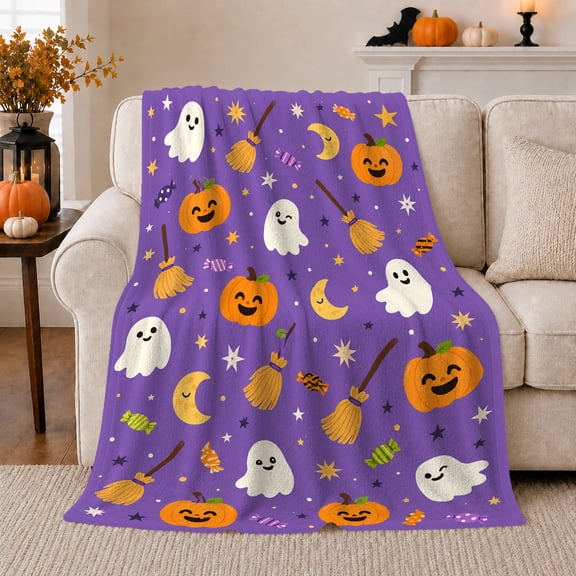 Whimsical Halloween Ghost Pumpkin Moon, Festive Halloween Scene, Warm Flannel Blanket for Living Room and Family Room, Art Lovers Halloween Gift, Festive Home Decor