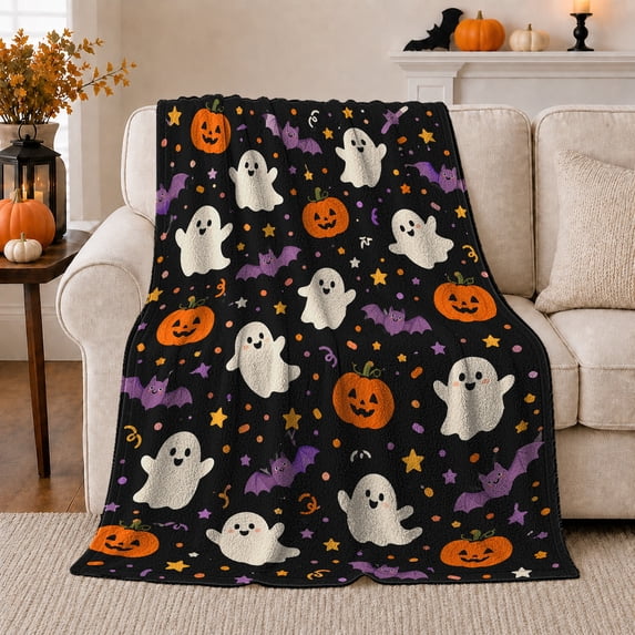 Whimsical Halloween Ghost Pumpkin Pattern, Festive Halloween Scene, Warm Flannel Blanket for Living Room and Family Room, Art Lovers Halloween Gift, Festive Home Decor