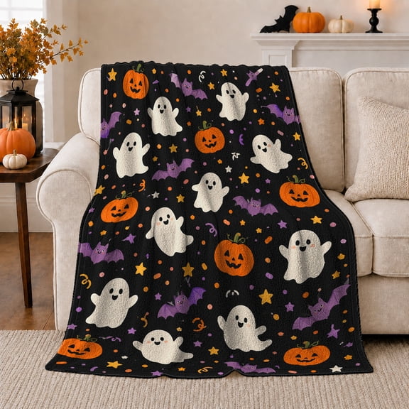 Whimsical Halloween Ghost Pumpkin Pattern, Festive Halloween Scene, Warm Flannel Blanket for Living Room and Family Room, Art Lovers Halloween Gift, Festive Home Decor