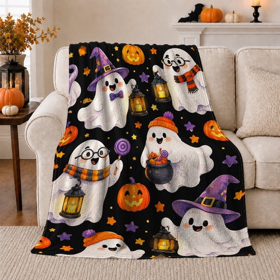 Whimsical Halloween Ghosts Pumpkins, Festive Halloween Scene, Warm Flannel Blanket for Living Room and Family Room, Art Lovers Halloween Gift, Festive Home Decor