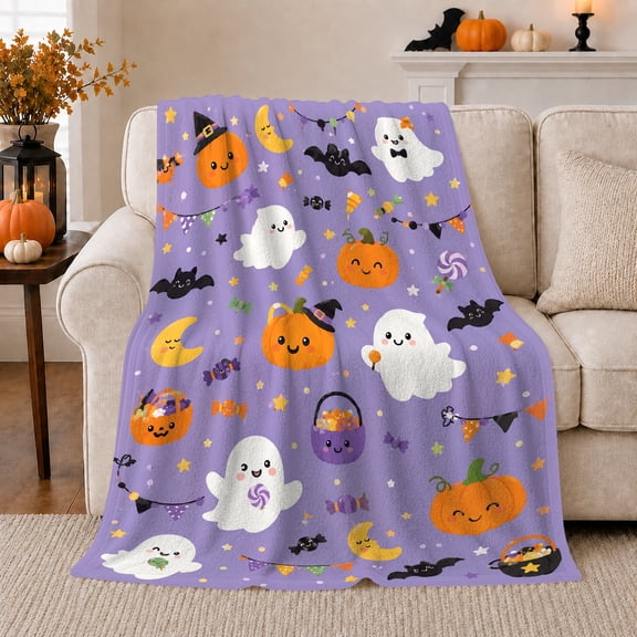 Whimsical Halloween Ghosts Smiling Pumpkins Lavender Purple Playful, Festive Halloween Scene, Warm Flannel Blanket for Living Room and Family Room, Art Lovers Halloween Gift, Festive Home Decor
