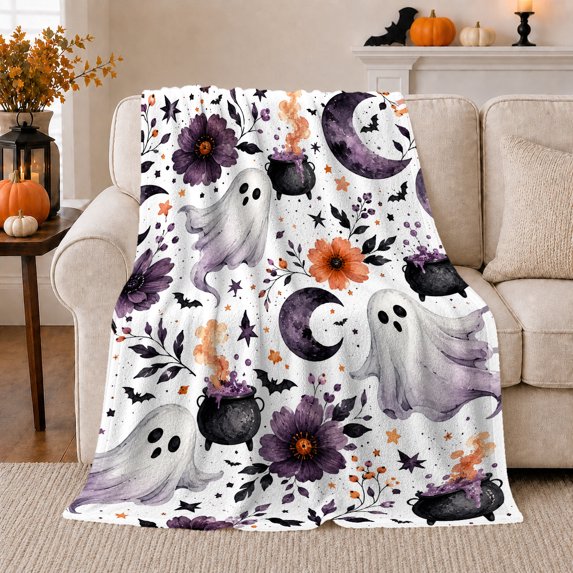 Whimsical Halloween Pattern Featuring Playful, Festive Halloween Scene, Warm Flannel Blanket for Living Room and Reading Nook, Art Lovers Halloween Gift, Festive Home Decor