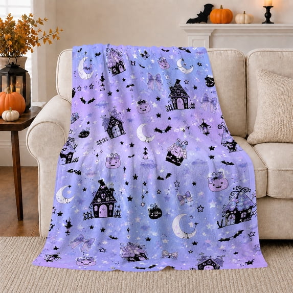 Whimsical Halloween Pattern Glittery Purple Motifs, Festive Halloween Scene, Warm Flannel Blanket for Living Room and Family Room, Art Lovers Halloween Gift, Festive Home Decor